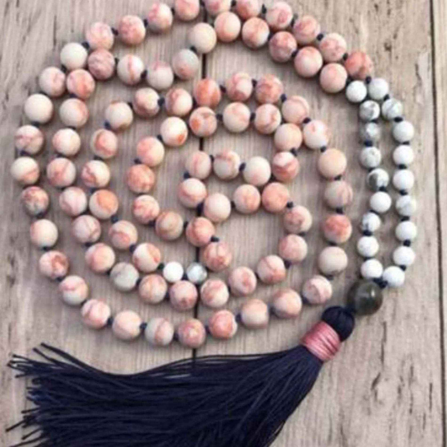 Authentic 8Mm Natural 108 Knot Red Flower Jasper White Turquoise Necklace Rustic Hipster Metalmeditation Bridal Mala