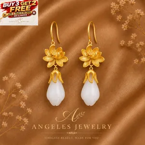 Authentic Radiant Lotus of Purity White Jade Teardrop Earrings in 18K Gold Plated