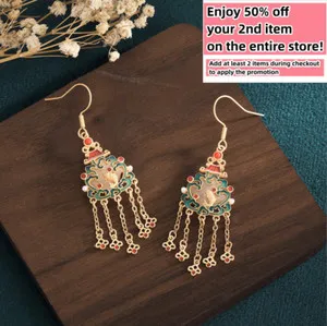Authentic Jade Cloisonne Tassel Dangle Earrings Bohemian Ethnic 18K Gold Plated Hook