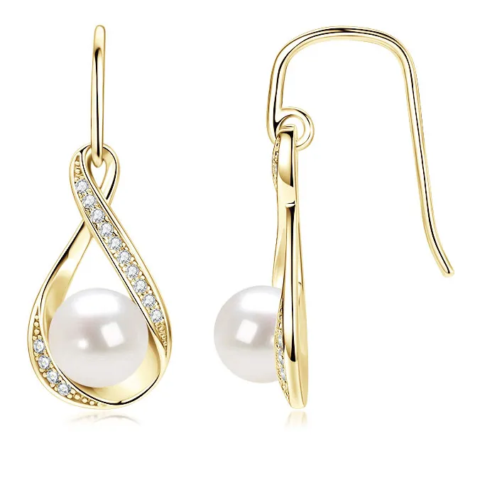 Authentic Oxtao Infinity D Moissanite Dangle Hook Earrings 8Mm Natural Freshwater Pearl Earrings Jewelry 14K Gold Filled