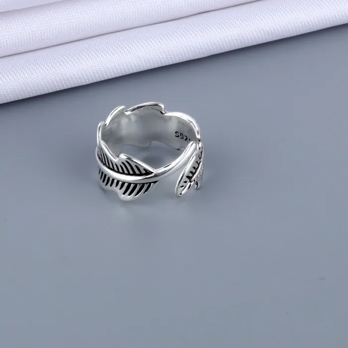 Authentic Jewelry Personality 925 Sterling Silver Atmosphere Feather Leaf Exquisite Opening Rings R244