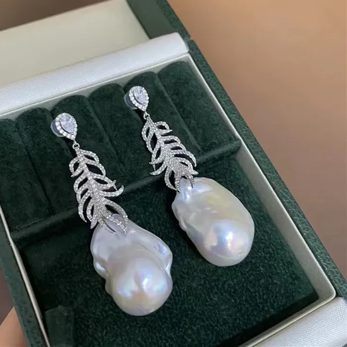 Authentic Moonlit Baroque Pearl Earrings – 15‑25mm S925 Silver with Feathered White Zircon