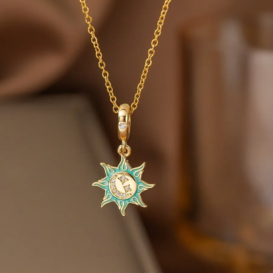 Authentic Women Gold Plated Sun Moon CZ Chain Pendant Necklace PE44