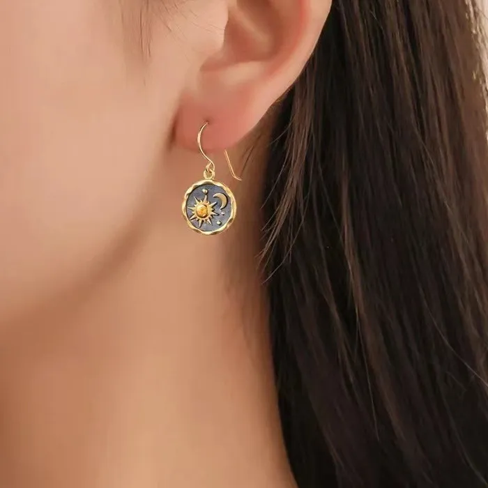 Authentic Celestial Whispers: Gold-Plated Sun, Moon, and Star Dangle Earrings