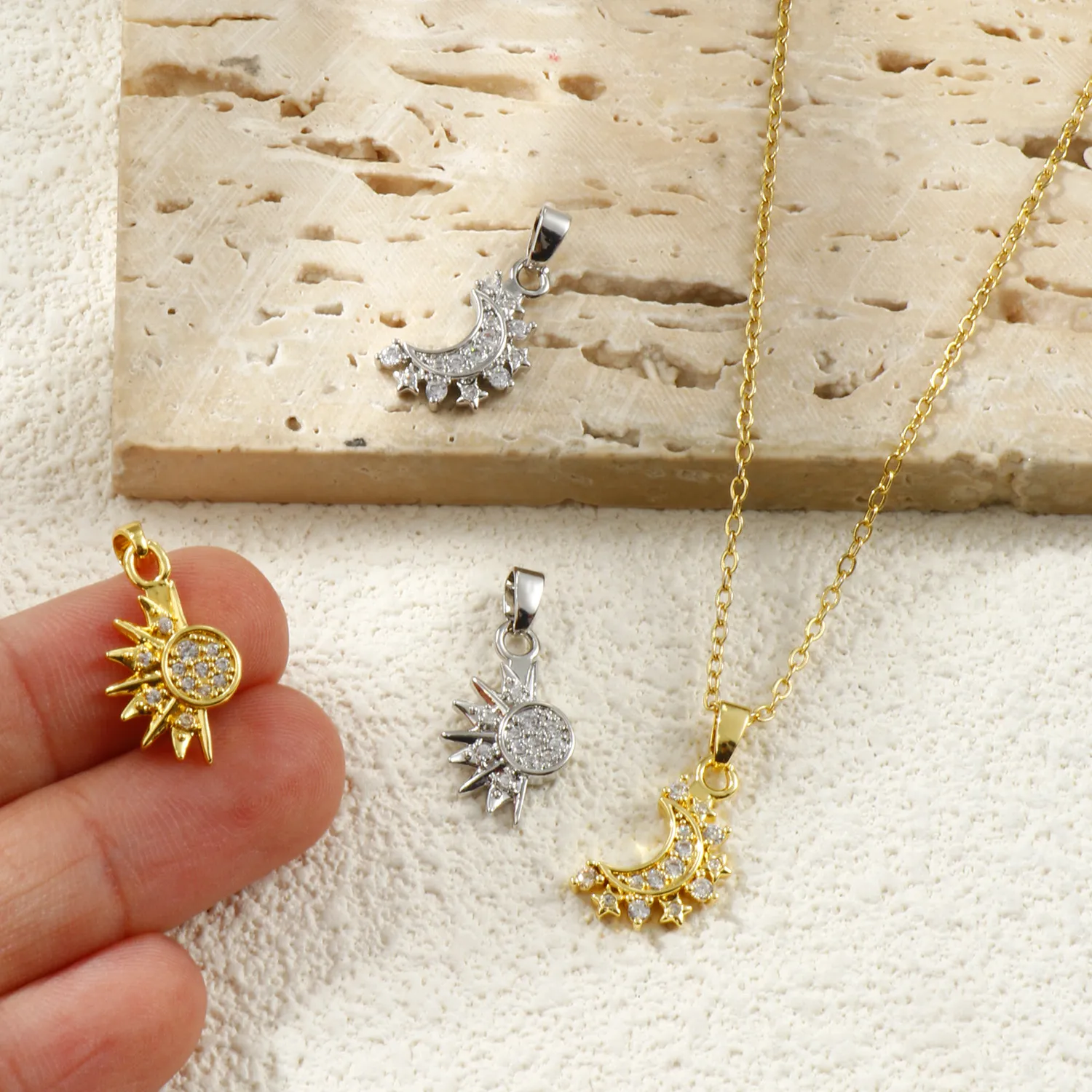 Authentic 2 Galaxy Pendant Gold Plated Clear Cubic Zirconia Sun Moon Pendants For Diy Necklace Bracelet Making Findings