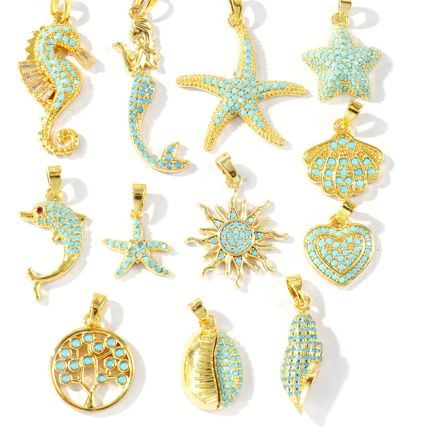 Authentic 2 Blue Cubic Zirconia Ocean Charms Starfish Mermaid Conch Sun Shaped Melon 18K Gold Plated Pendants For Diy Necklace