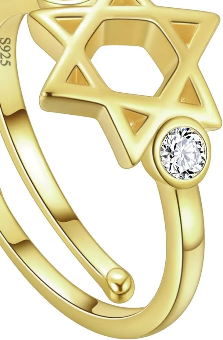 Authentic Celestial Harmony: The Gold-Plated Star of David Open Ring
