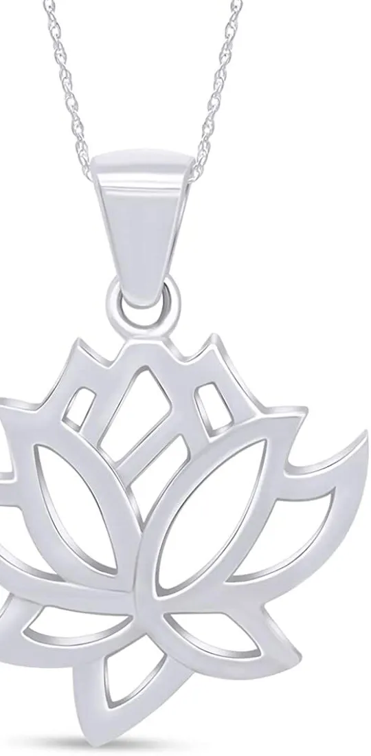Authentic Lotus Flower Pendant 18" Necklace 14K White Gold Plated 925 Sterling Silver