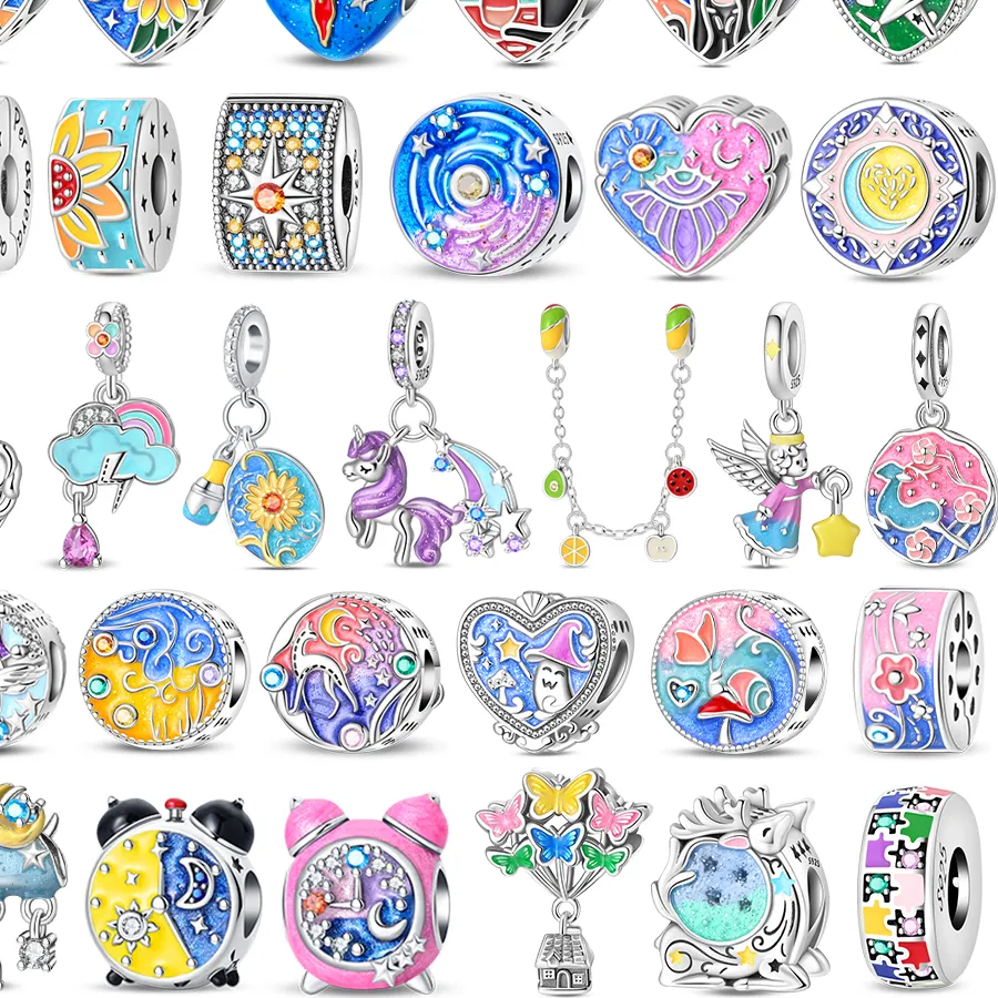 Authentic Art Style 925 Sterling Silver Starry Sky Sunflower Angel Heart Beads Dangle Diy Handmade Jewelry Fit Bracelet For Her