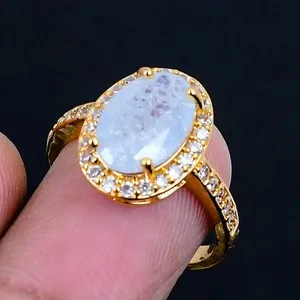 Authentic Celestial Luna Ring Rainbow Moonstone Artisan Talisman With Sacred Solar Gold