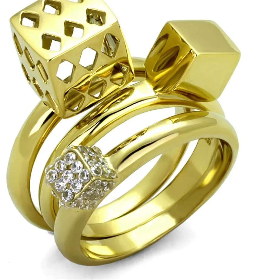Authentic Women's Dice Ring Set, Clear CZ, 14K Gold Plated, Stainless Steel, Statement
