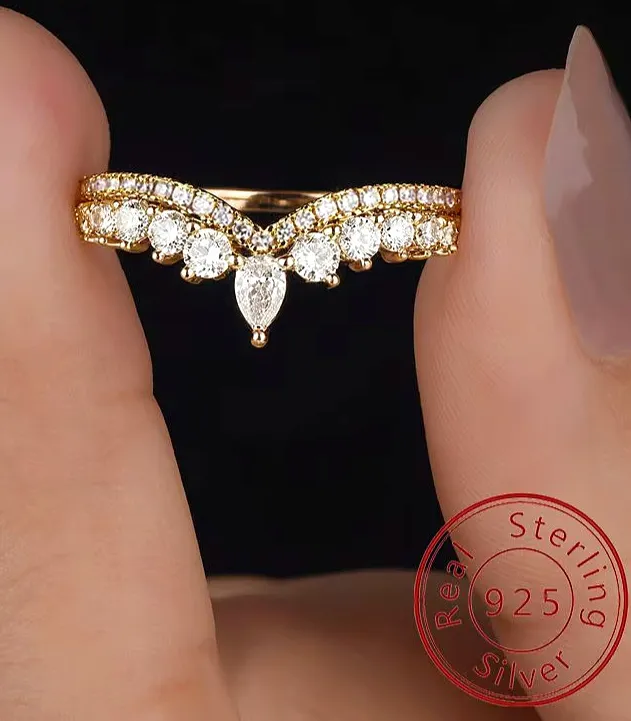 Authentic 925 Sterling Silver Gold Plated Ring Crown Sparkly Zircon Wishbone Chevron