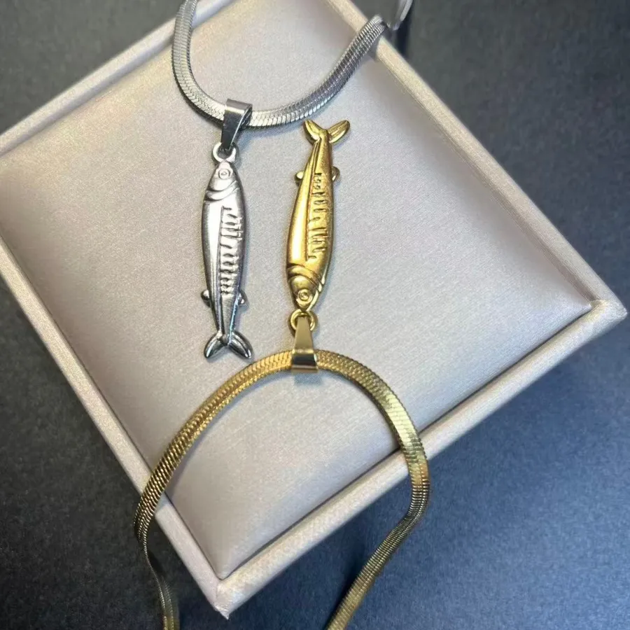 Sardine Pendant Necklace Gold Color Sea Animal Fish Flat Snake Blade Chain Choker For Pop Jewelry