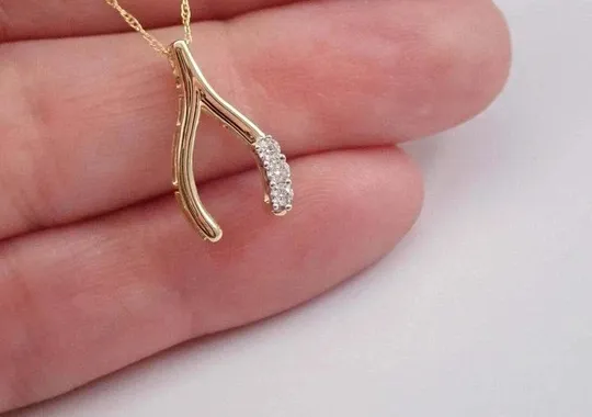 Authentic 14K Yellow Gold Plated 0.15Ct Lab Grown Diamond Wishbone Pendant Free Chain