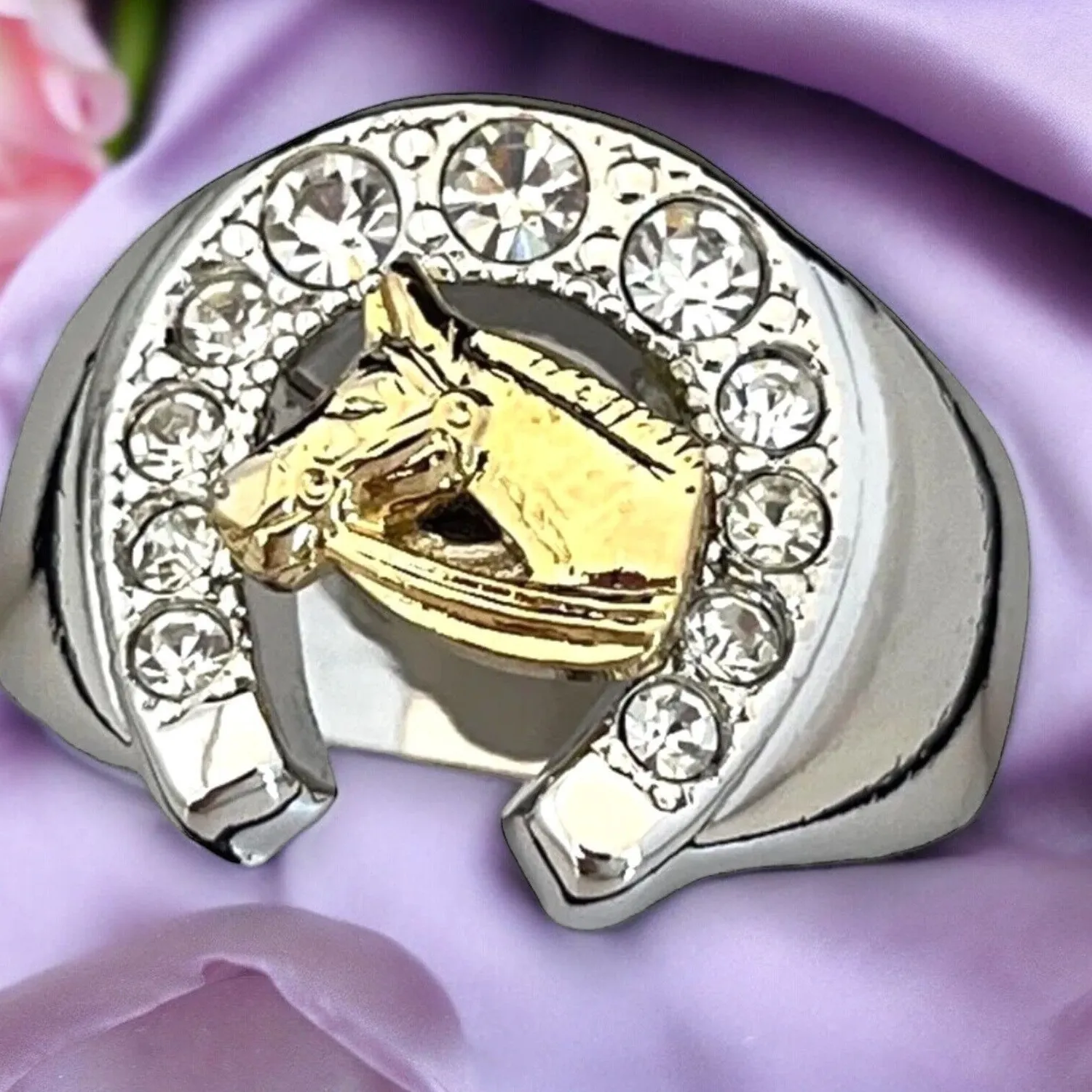 Authentic Vintage 1980s Ring Size 7 Horseshoe Horse CZ Two Tone Gold Plated - 14P