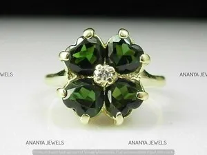 Authentic 4 CT Heart Cut Lab-Created Emerald Four Leaf Clover Ring 14K Yellow Gold Plated