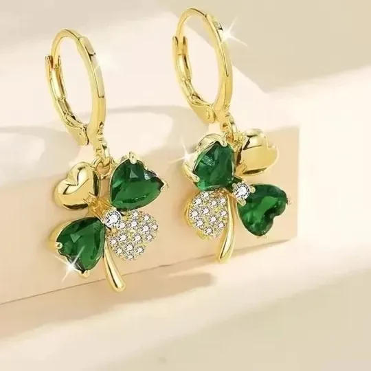 Authentic 14K Yellow Gold Plated Four Leaf Clover Drop Earrings 2.89Ct Lab Created Emerald