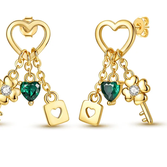 Authentic 925 Sterling Silver Heart Lock Key Dangle Stud Earrings Green Cubic Zirconia Four Leaf Clover Drop Earrings Lucky Jewelry