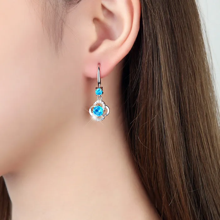 Authentic 1.73ct Natural Sky Blue Topaz 925 Sterling Silver Lucky Four Leaf Clover Dangle Drop Earring for Women Gemstone Fine Jewelry