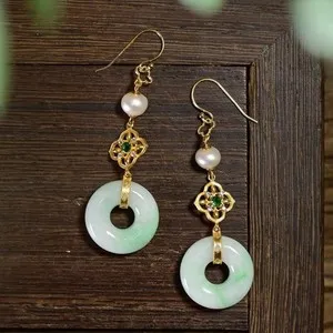 Authentic Natural Type A Jadeite Donut Earrings, S925 Sterling Silver Gold Plated Lotus