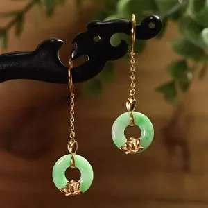 Authentic Empowered Harmony: Jadeite Donut Earrings with Gold Plated Sterling Silver Lotus Dangles