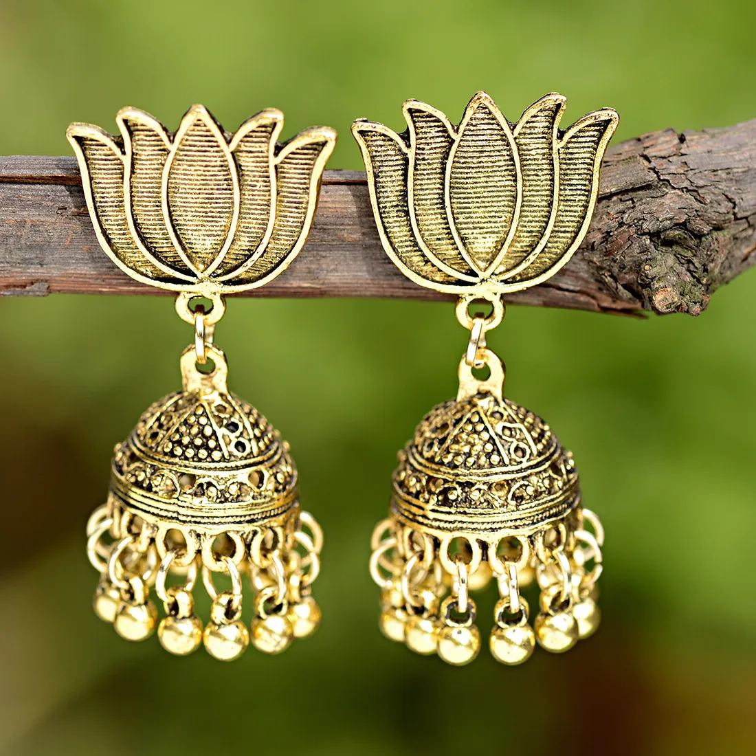 Authentic Gold Plated Lotus Stud Exquisite Dangle Drop Earring jhumka jhumki Bollywood