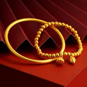 Authentic 2Pcs Gold Plated Lotus Bracelet Set - Matte Finish Bangle & Beaded Bracelet