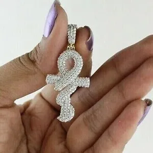 Authentic The Golden Key of Eternity: 3.00Ct Moissanite Ankh Cross Pendant in 14K Yellow Gold Plated