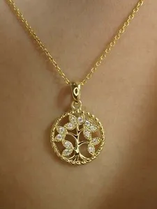 Authentic Simulated Diamond Round Cut Tree Of Life Charm Pendant In 14k Yellow Gold Plated