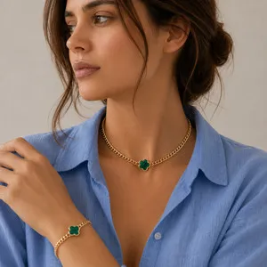 Authentic Zara 18K Gold plated green clover shamrock new necklace & bracelet all sizes