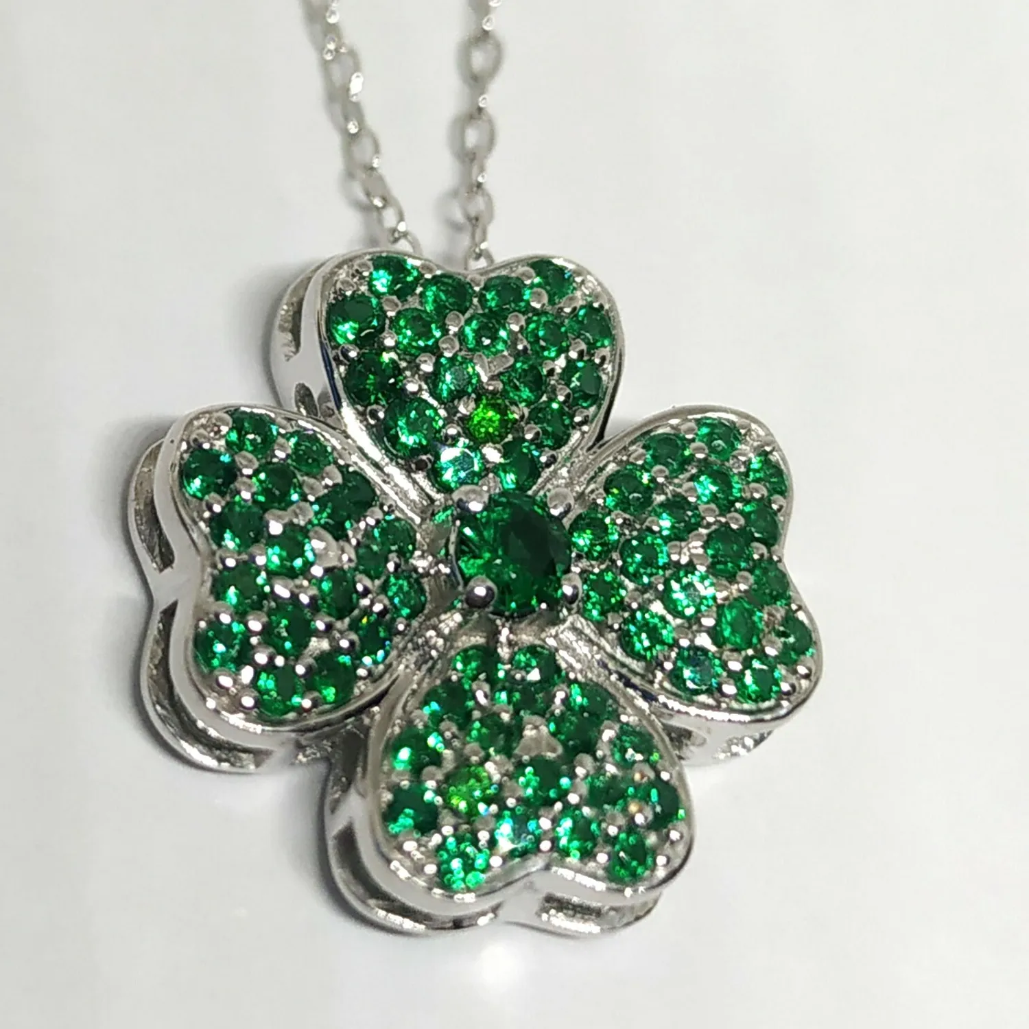 Authentic Round Cut Simulated Green Emerald Shamrock Pendant 18" in 14K White Gold Plated