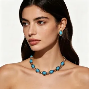 Authentic Jewelry Set Western Vintage Turquoise Gold Plated Finish Choker Necklace Earring