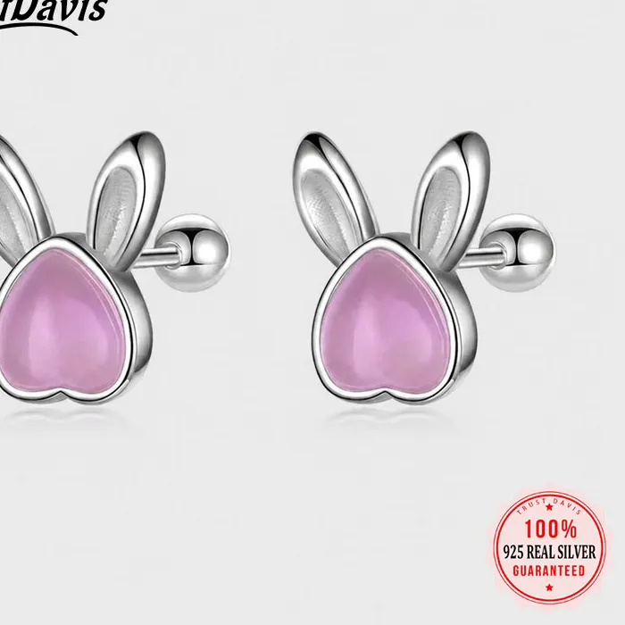 Authentic Trustdavis Real 999 Silver Animal Rabbit Moonstone Screw Stud Earrings Jewelry Df2044