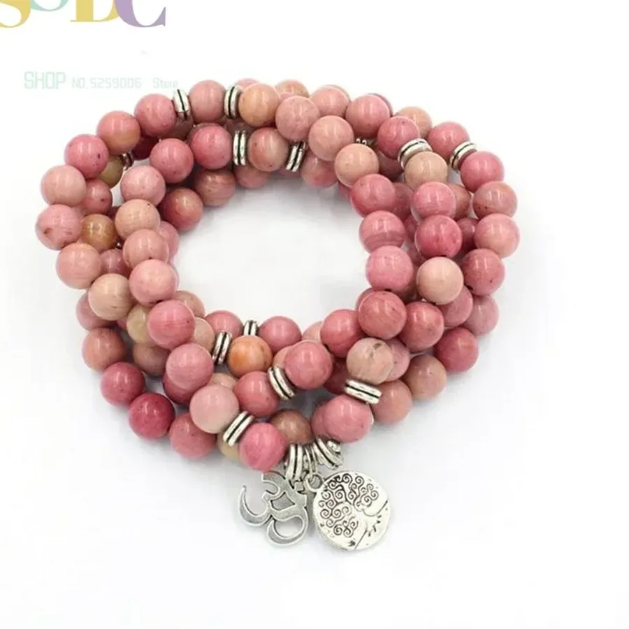 Authentic Sacred Heart Mala of Argentina Rhodonite with OM and Tree of Life