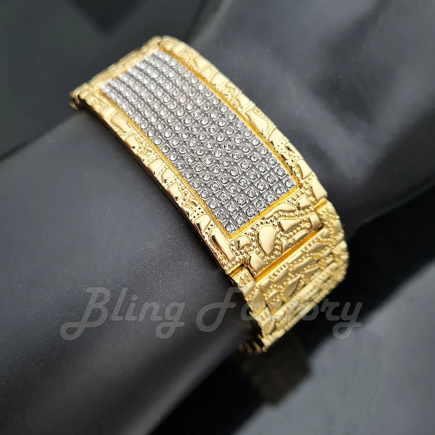 Authentic Nugget of Dawn: 8.5" Gold‑Plated Diamond‑Glint Hip‑Hop Bracelet