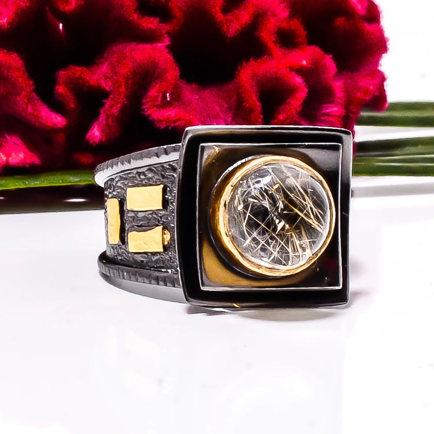 Authentic Guardian of Abundance: Golden Rutilated Quartz 925 Sterling Silver Ring