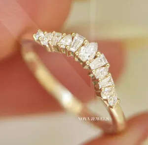 Authentic Radiant Crescent Moissanite Wedding Band in 14K Yellow Gold Plated