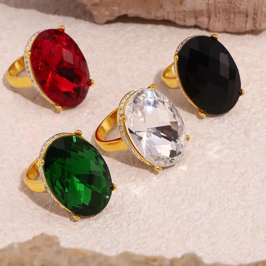 Authentic Big Oval Glass Stone Rhinestones Rings Index Finger Ring Jewelry Banquet