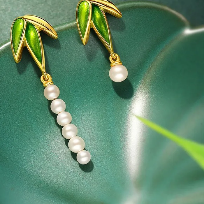Authentic Whispers of the Bamboo Grove: Ancient Gold and Verdant Enamel Earrings