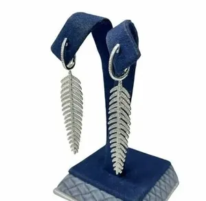 Authentic Celestial Plumes: 14K White Gold Plated Feather Drop Earrings with Lab-Created Diamonds