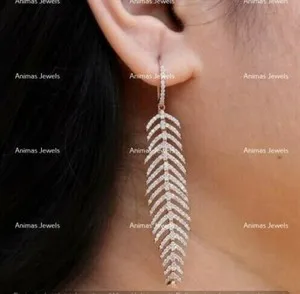 Authentic Celestial Feather Dangle Hook Earrings in 14k Rose Gold Plated Moissanite