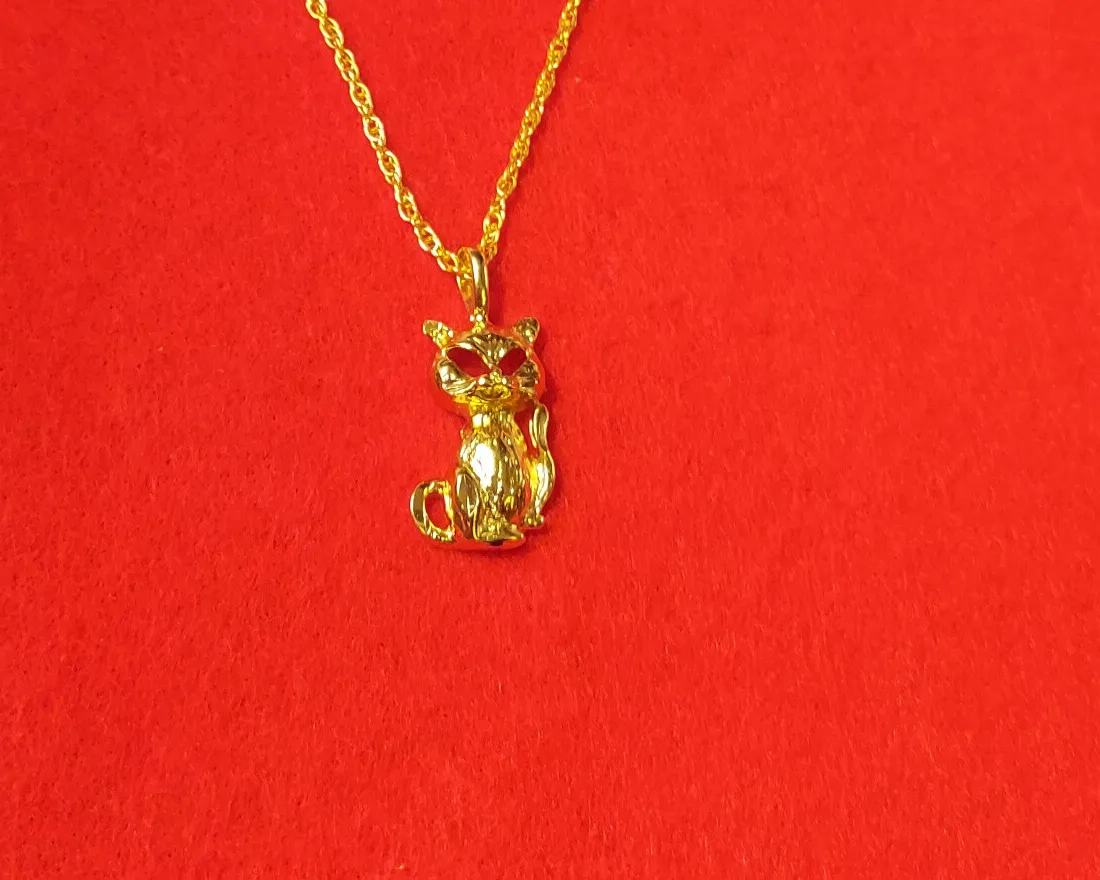 Authentic 14KT GOLD PLATED KITTEN CAT CHARM PENDANT WITH 30 INCH ROPE CHAIN NECKLACE- 2521