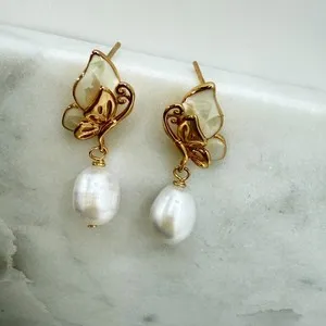 Authentic Wings of Pearl: 14K Gold-Plated Butterfly Drop Earrings