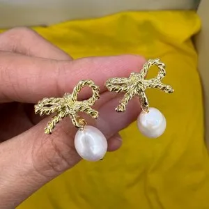 Authentic Radiant Pearl and Golden Ribbon Studs