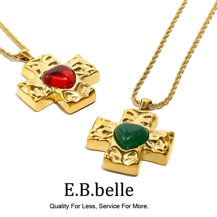 Authentic E.B.belle Hammer Pattern Heart Shape Agate Stone Pendant Necklace Stainless Steel 18k Gold Plated Cross Jewelry For Women Charm