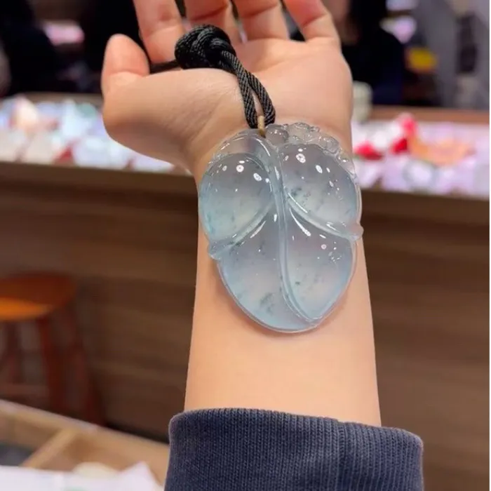Authentic Ice- Natural Jadeite Pendant With Floral Patterns And Design, Made From Burmese Old Mines, Glass- Type Leaf- Shaped Jade