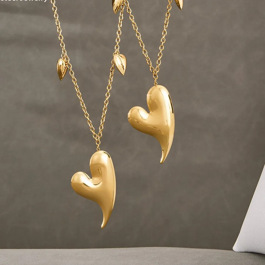 Authentic 80cm Stainless Steel Heart Pendant Necklace For Women 18k Gold Plated Sweater Chain Long Charm Necklaces Dainty Jewelry Gift