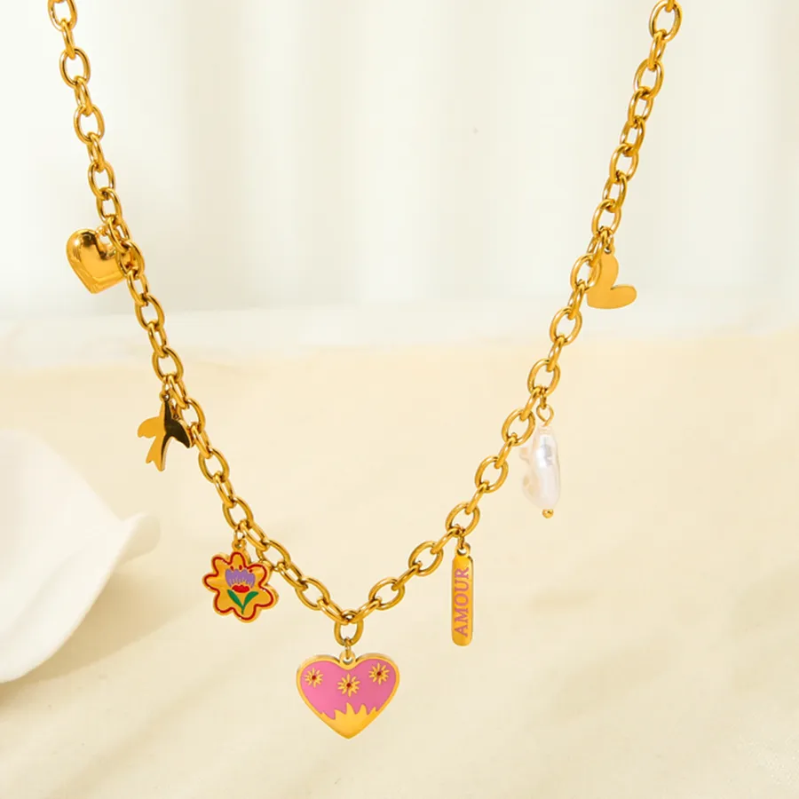 Authentic Elegant 18K Gold Plated Stainless Steel Pendant Necklace for Women Pink Heart Flower Irregular Faux Pearls Charms Jewelry Gift