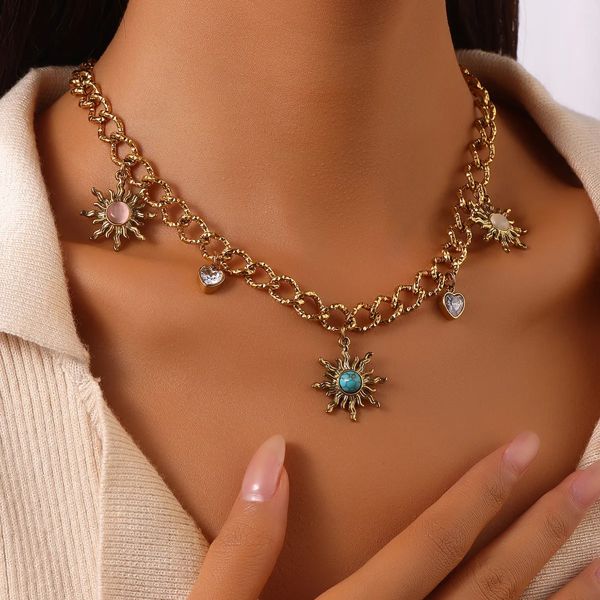 Authentic Radiant Solstice Heart: 18K Gold-Plated Sun and Turquoise Talisman