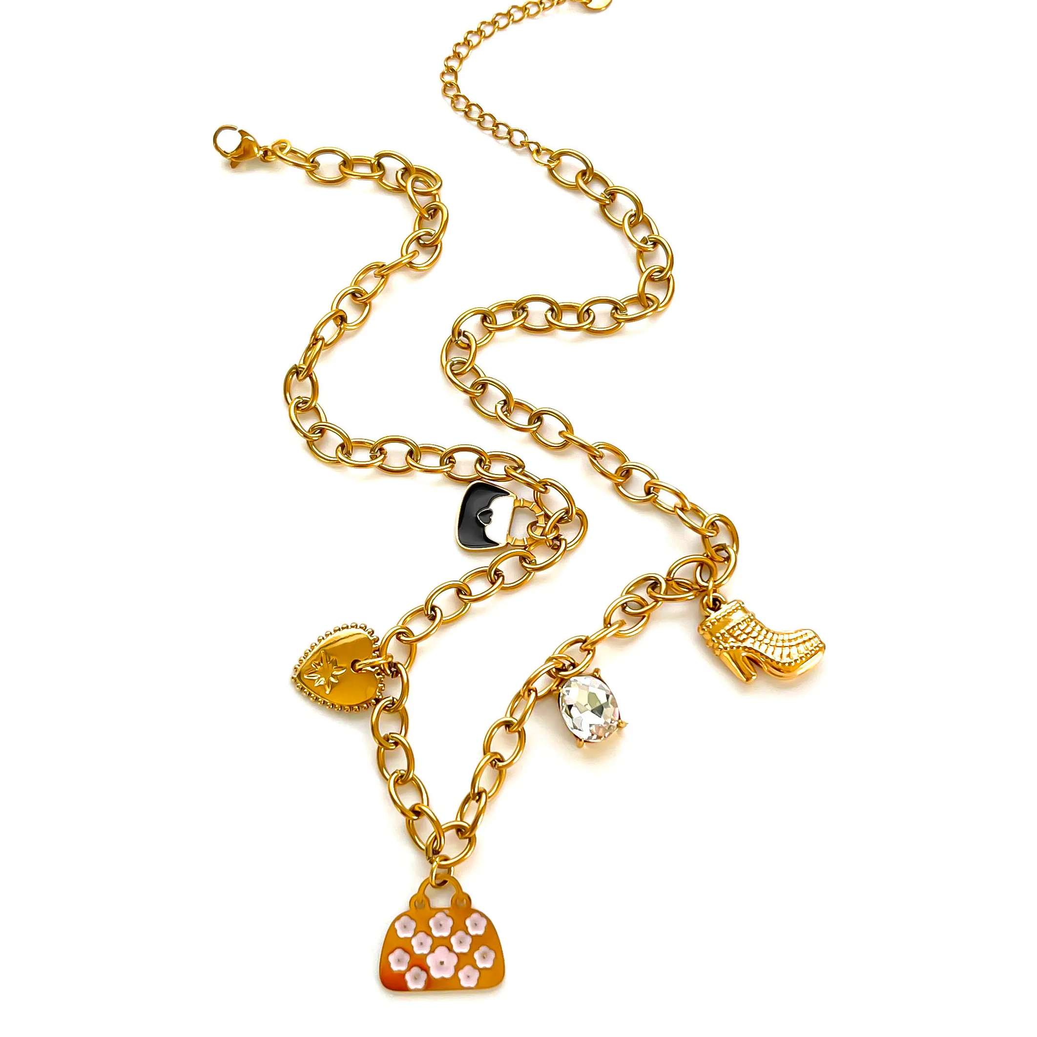 Authentic Peri'sbox Vintage Fashion 18K Gold Plated Heart Bag Zircon Charm Pendant Necklace for Women High Quality Stainless Steel Jewelry